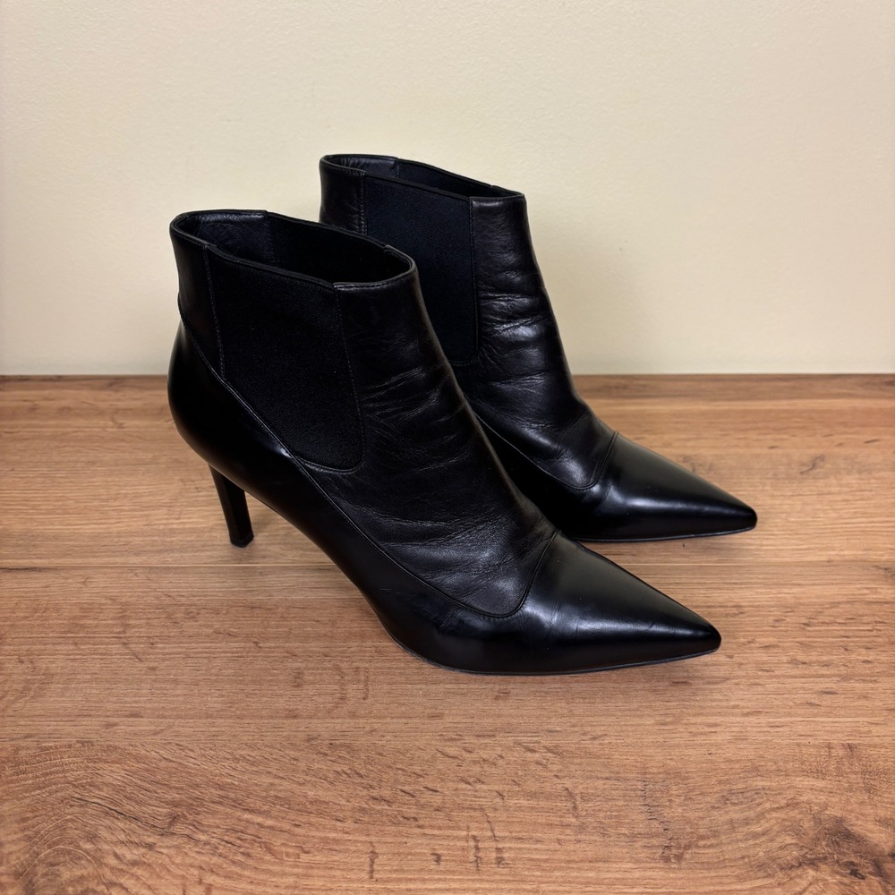 MAX MARA Pointed Toe Stiletto Ankle Boots Black Leather Women Size 39.5 Italy